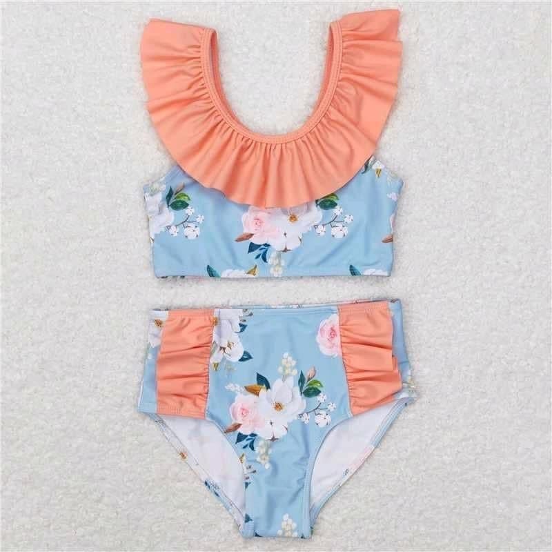 Ruffle and roses blue swim Suit - Girls