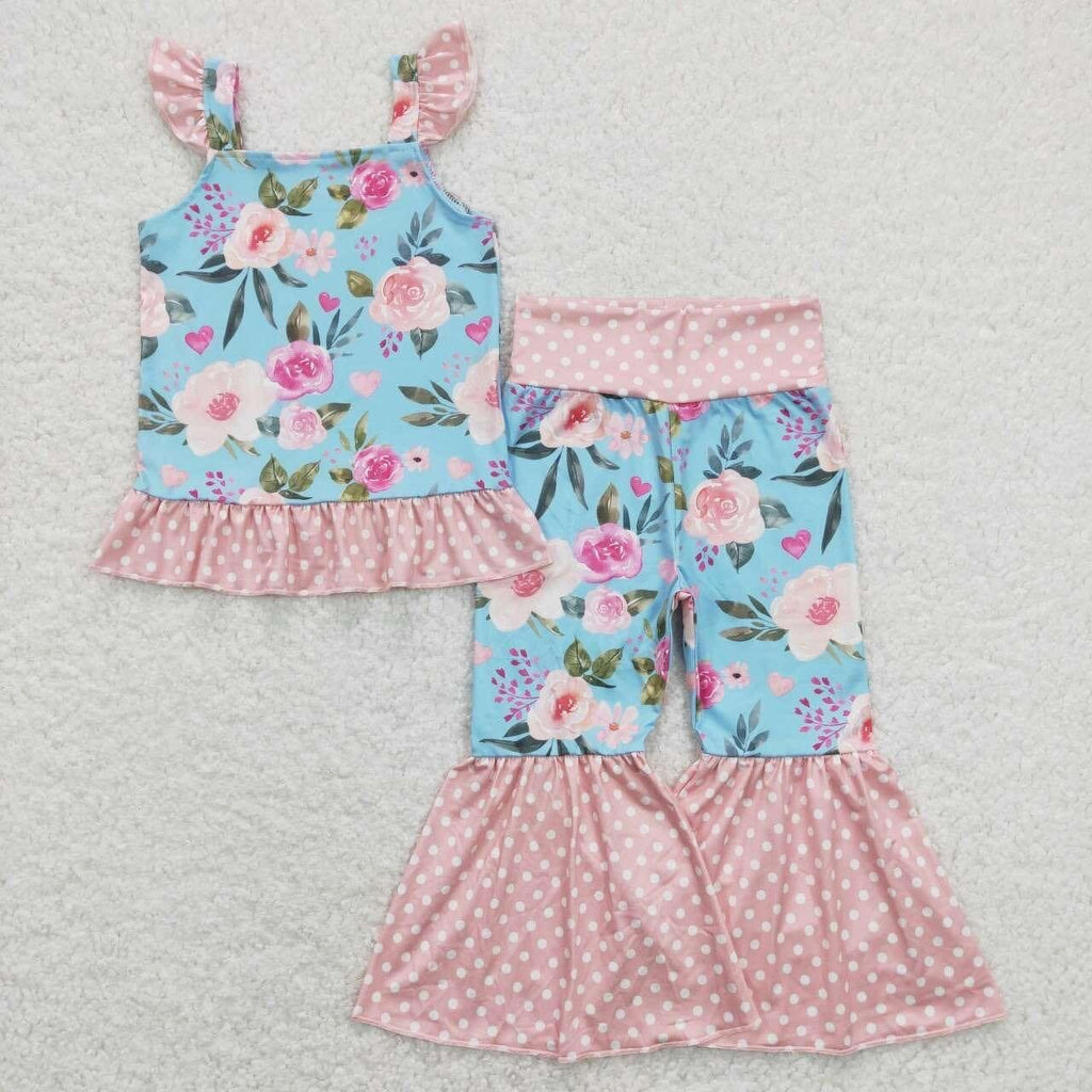 Blue floral pink dot outfit