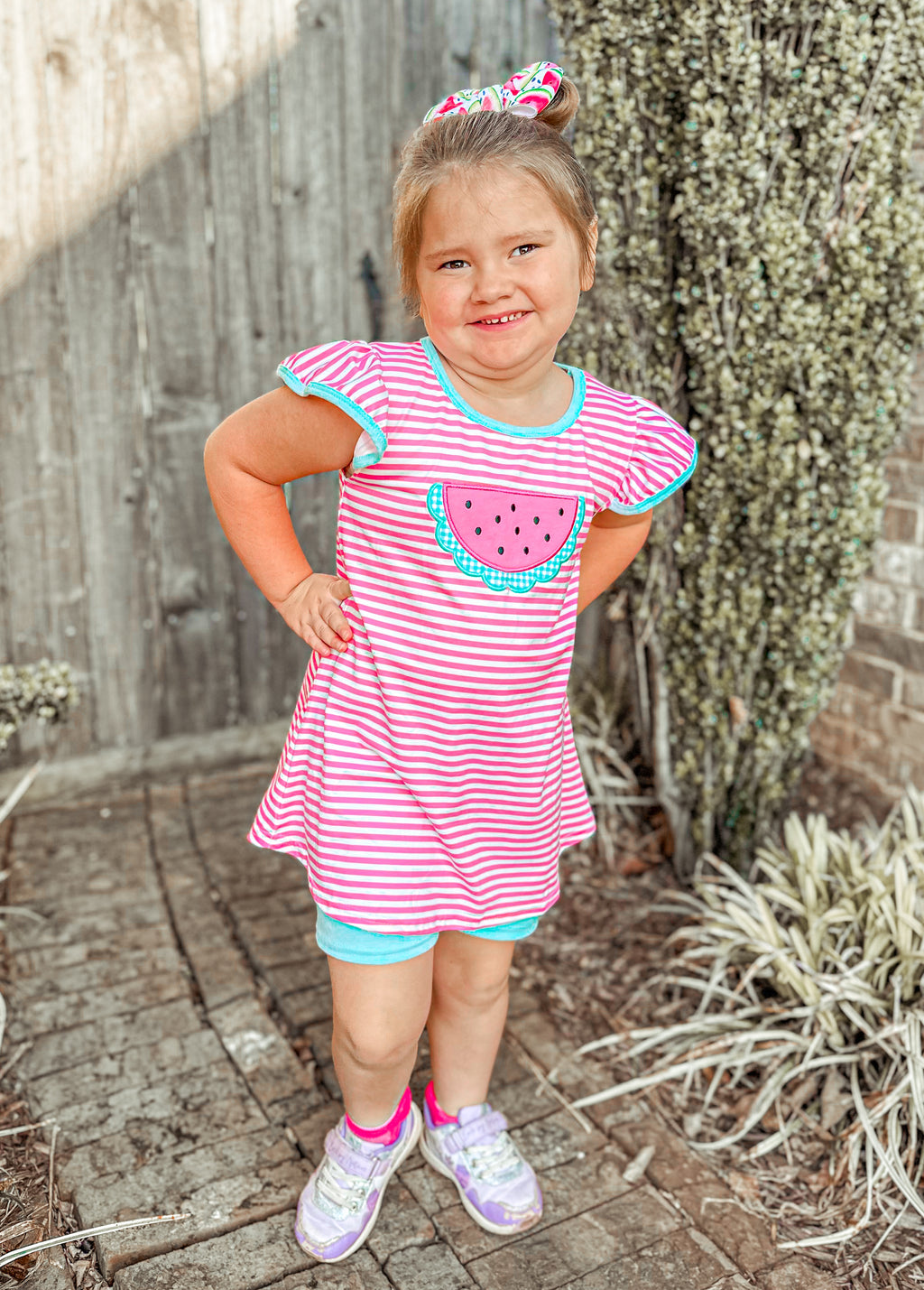 Pink stripe watermelon shorts set