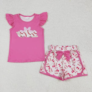 Pink bow baseball ruffle short set