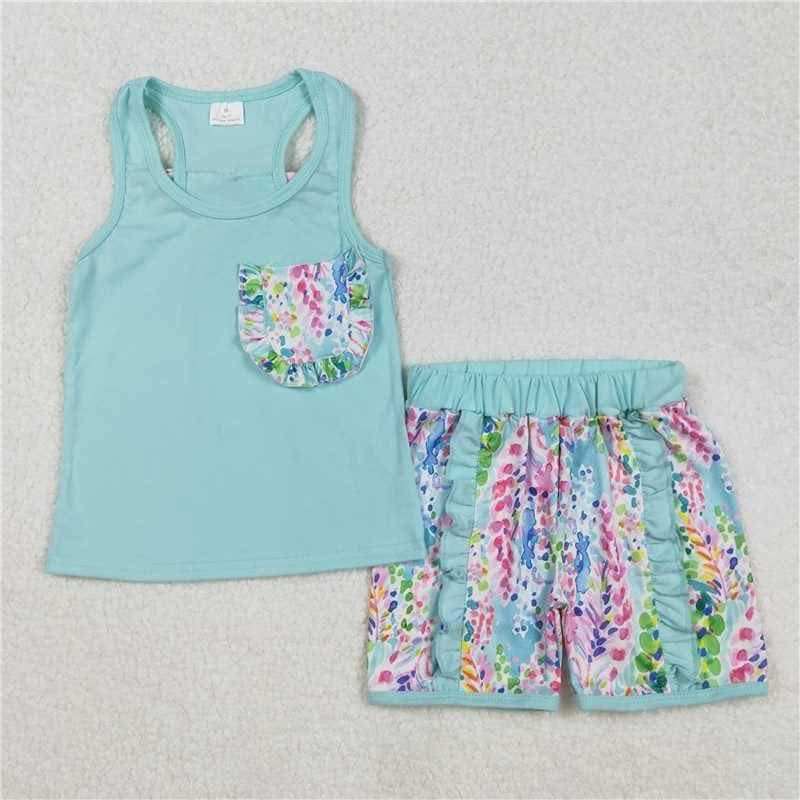 Teal watercolor floral ruffle tank short set