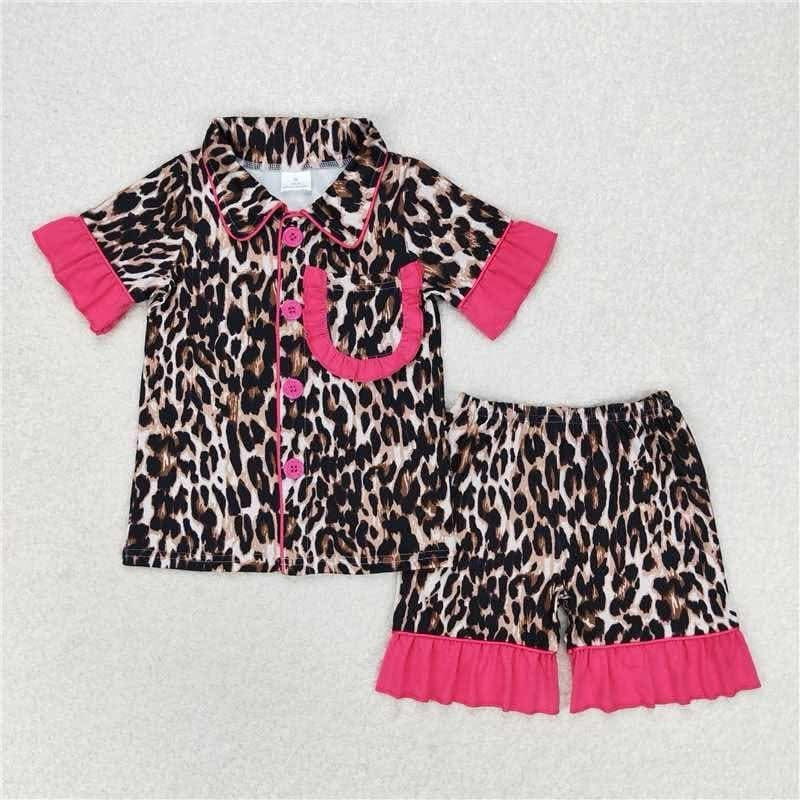 Pink leopard button ruffle short pajama