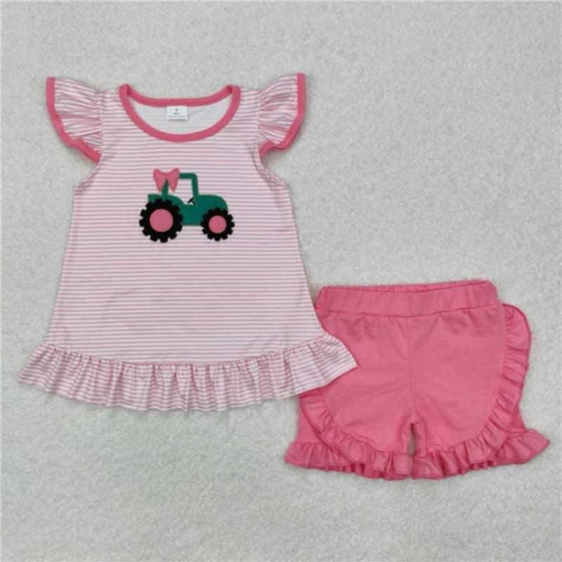 Pink green tractor embroidered set