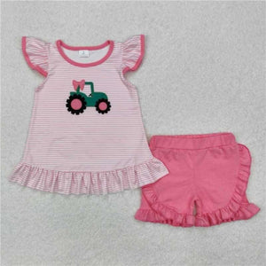 Pink green tractor embroidered set