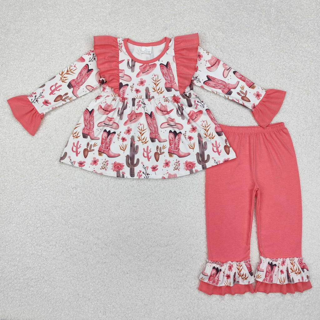 Cowgirl boots and hard ruffle pink Pants set