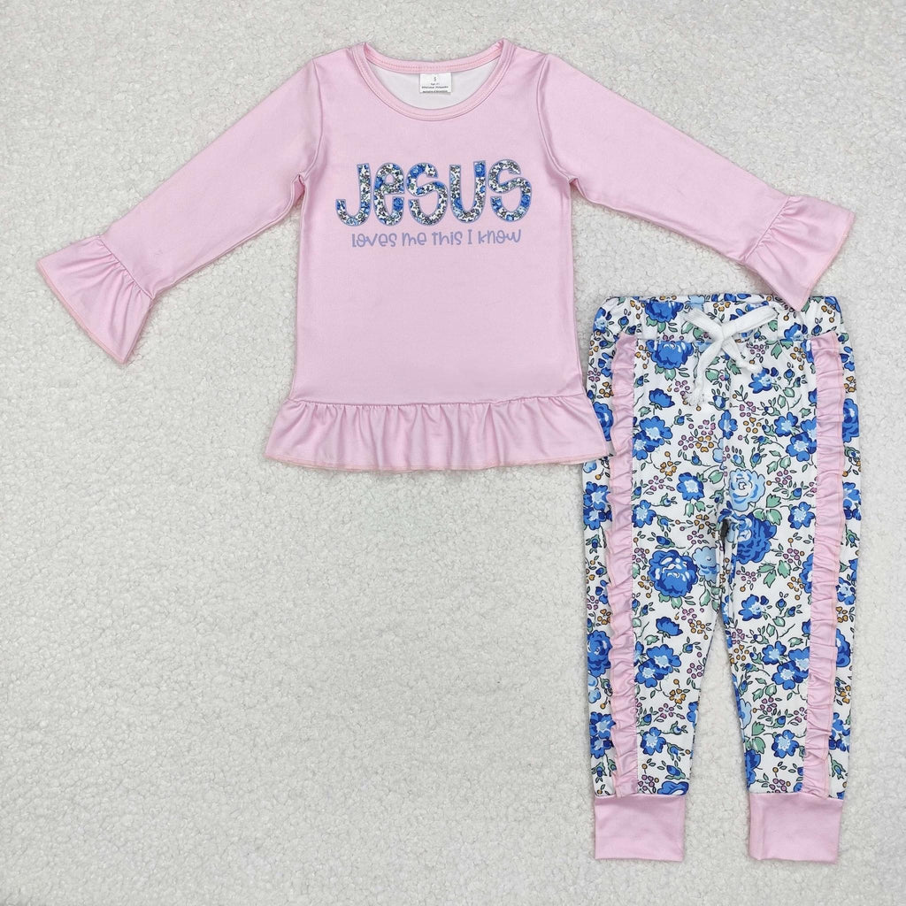 Pink and blue Floral Jesus loves me ruffle legging Pants set