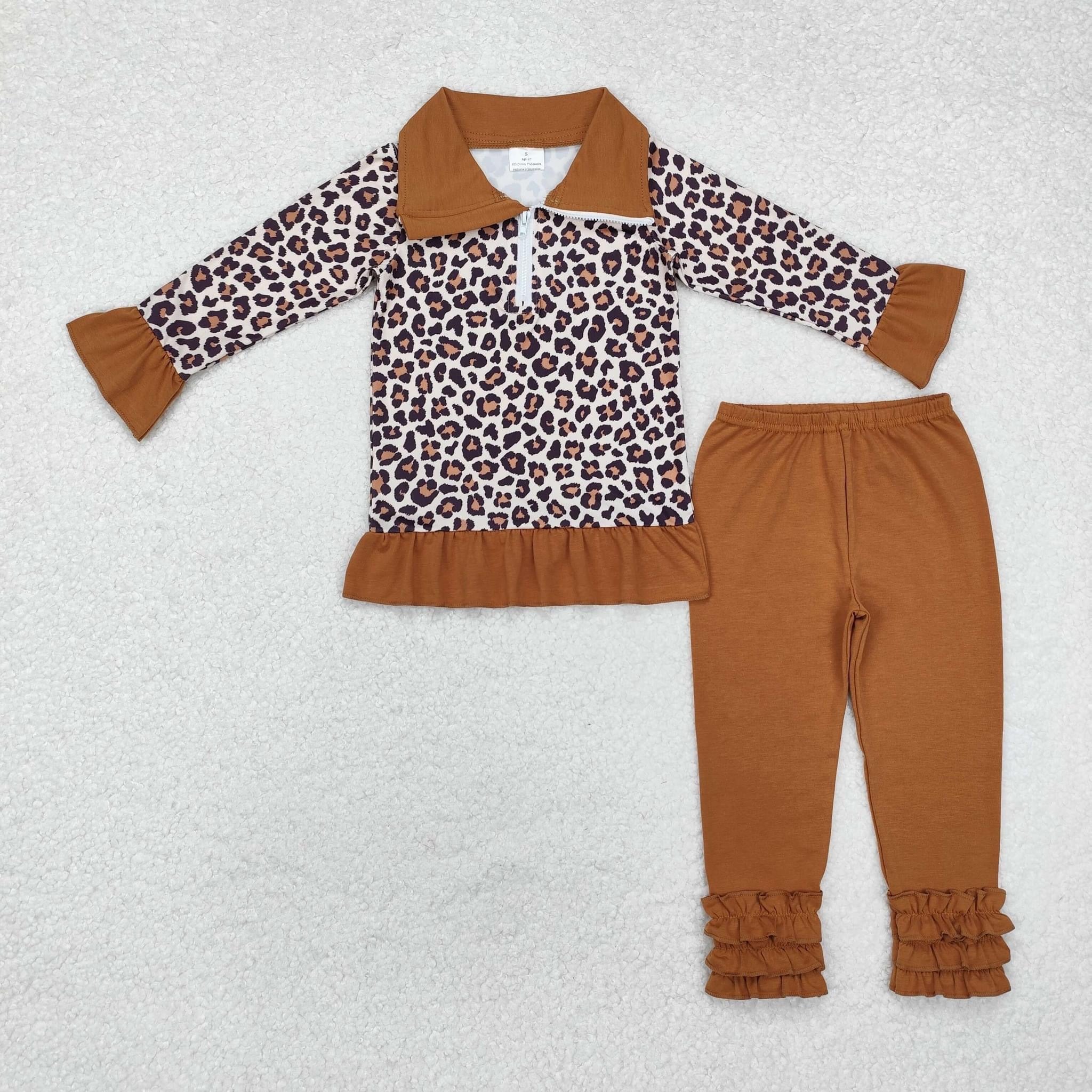 Brown leopard zip ruffle Pants set