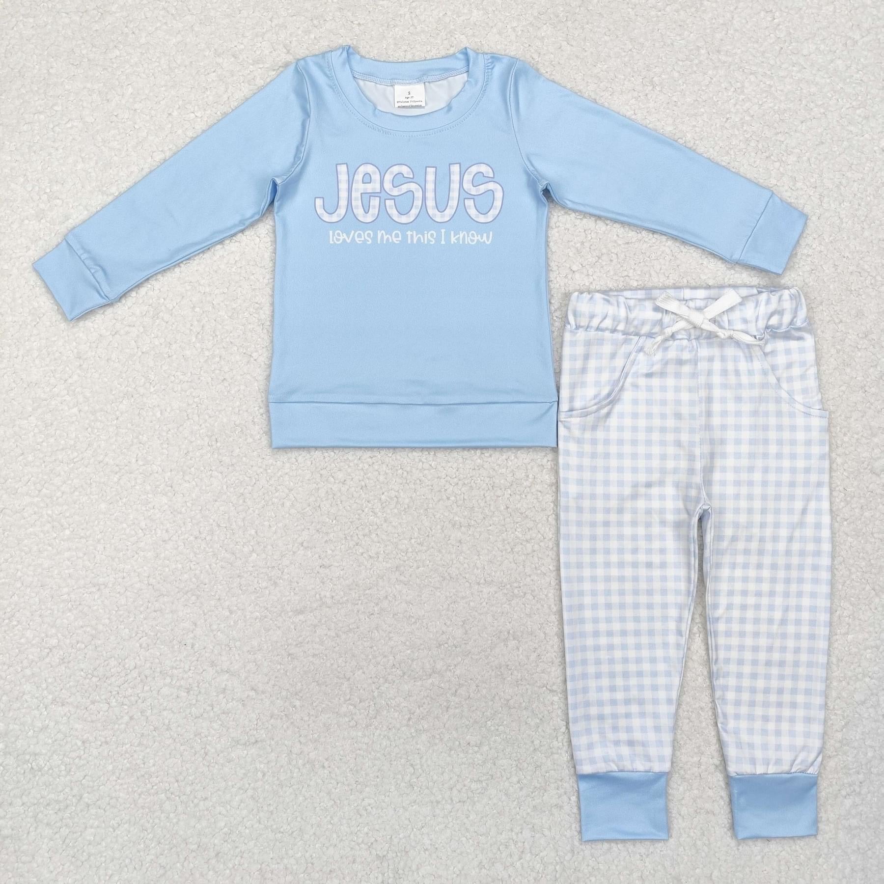 Blue plaid Jesus loves me jogger set