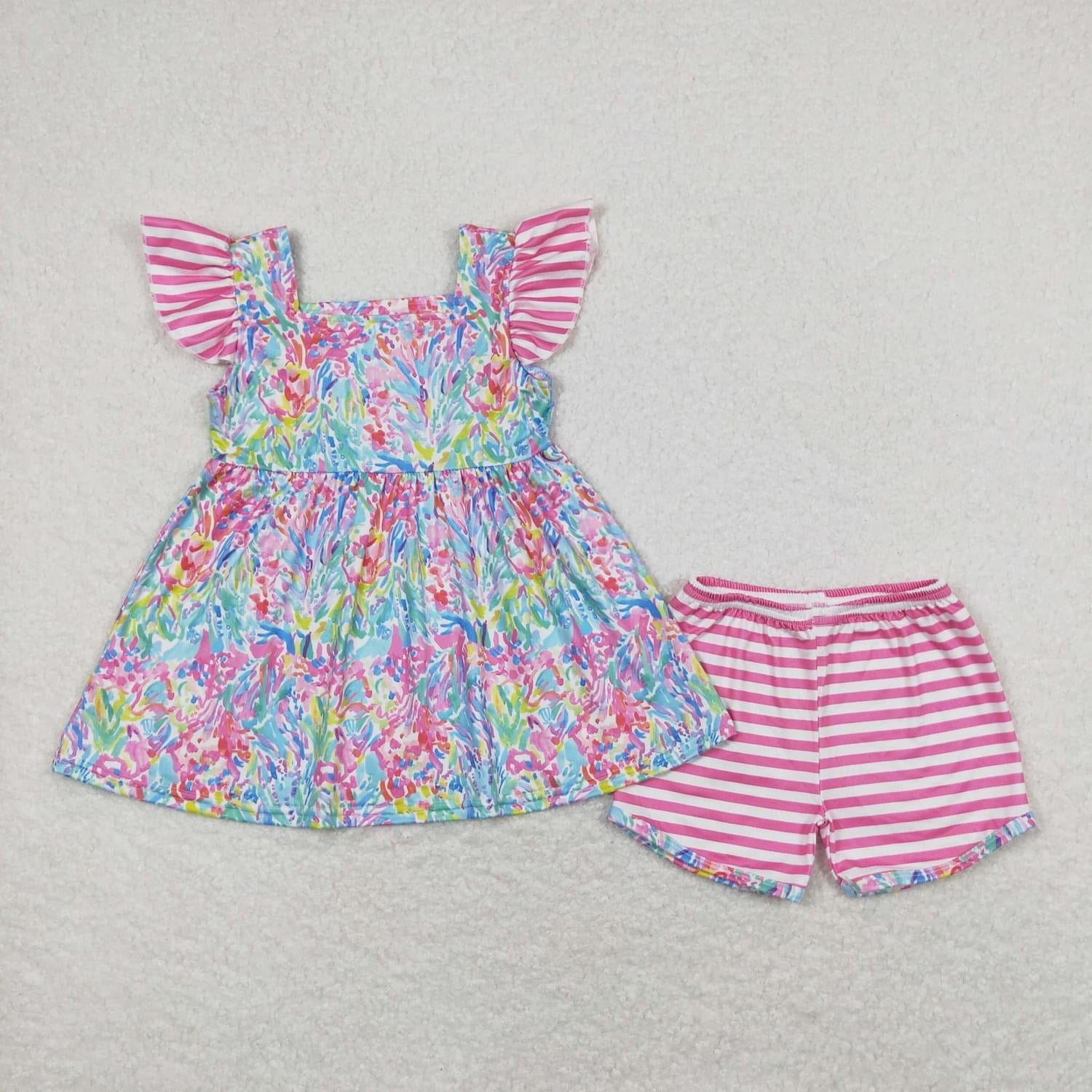 Pretty pastel floral and stripe girl Short Set