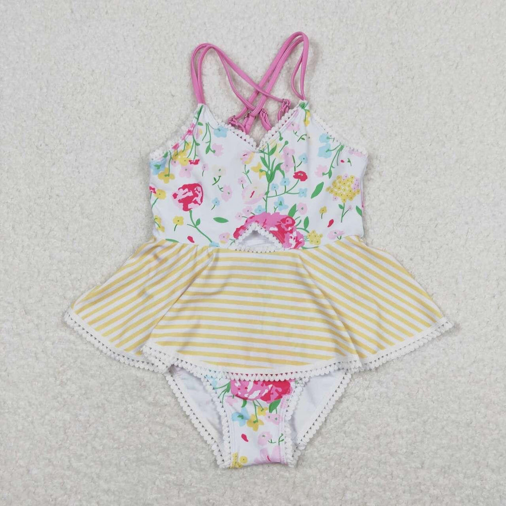 Floral yellow stripe swim Suit - Girls