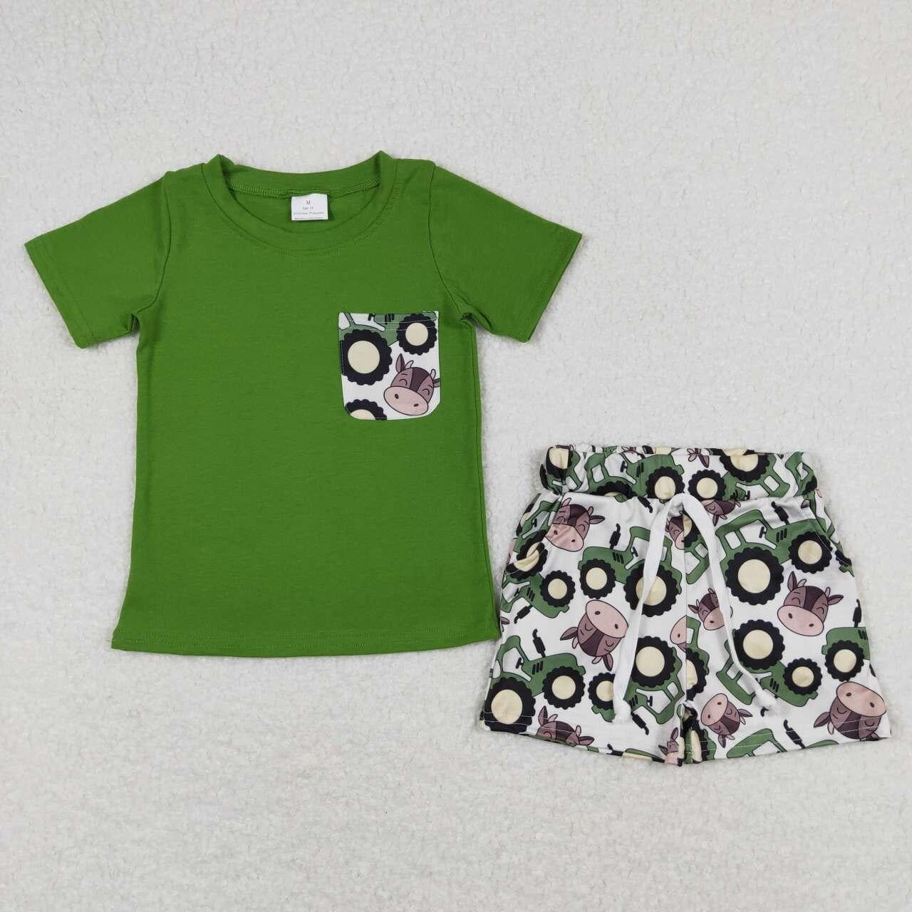 Green Tractors and cow pocket Short Set