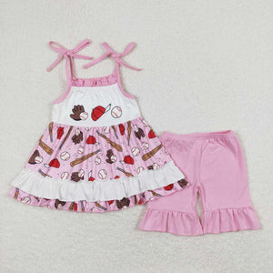 Pink baseball tank girl Short Set