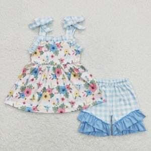 Blue gingham floral tank ruffle girl Short Set