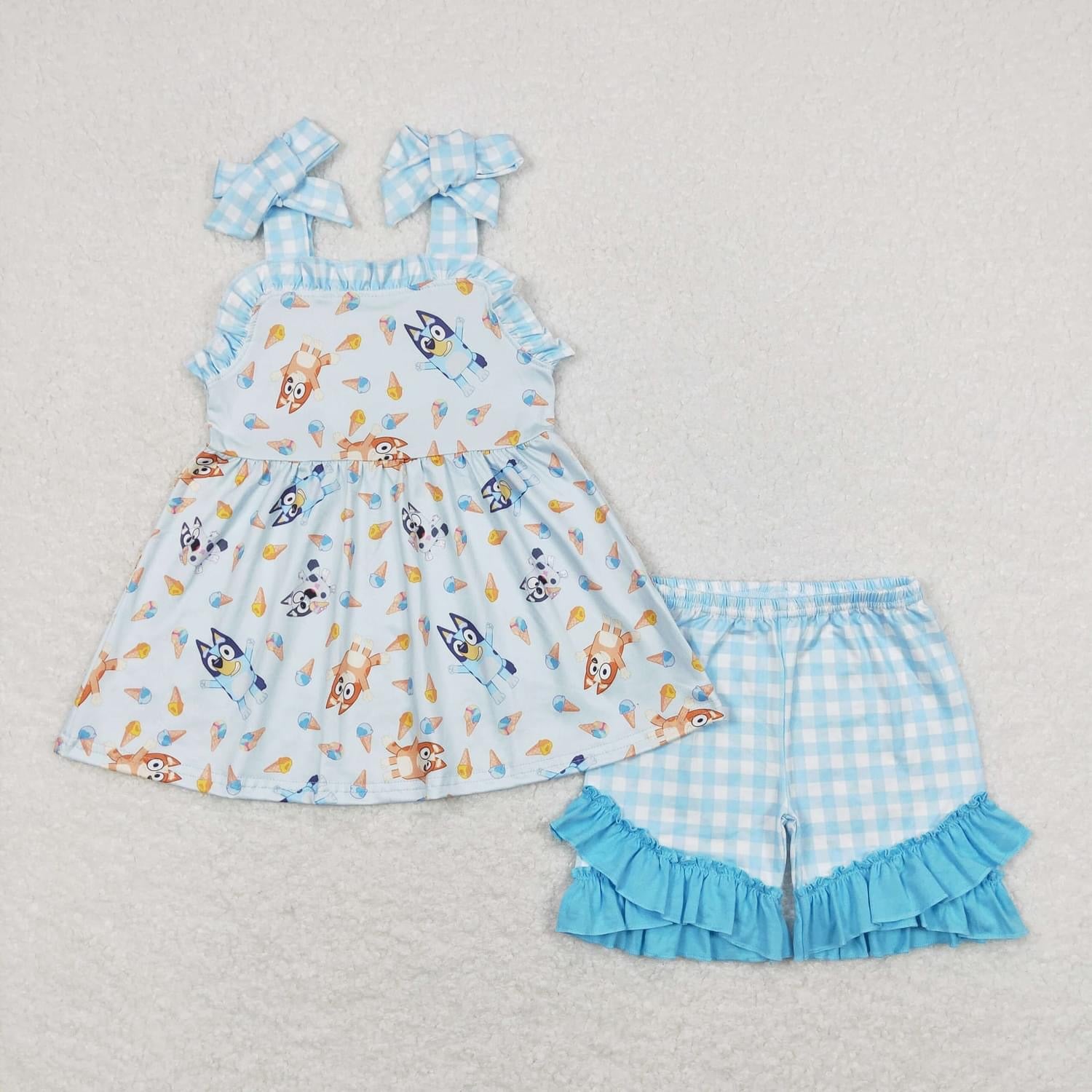 Blue dog ice cream tank  ruffle girl Short Set