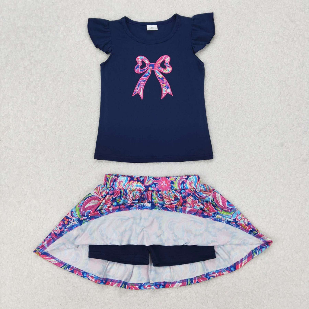 Navy blue bow pink skort set