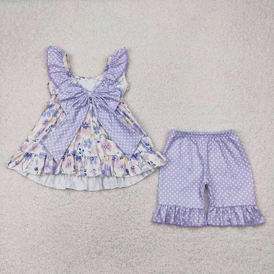 Purple flower dots short set