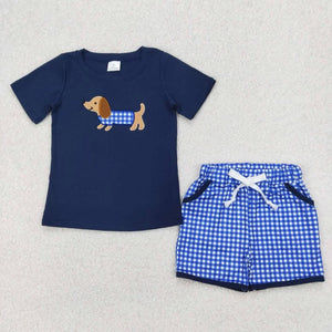 Navy puppy gingham boy short set