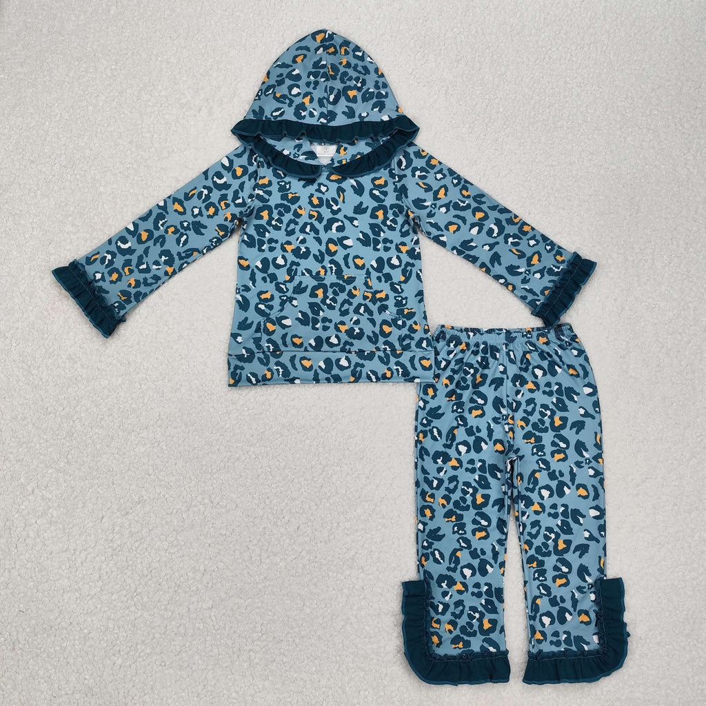 Blue leopard ruffle hooded jogger Set