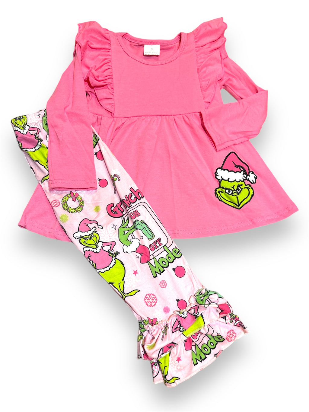 Pink mean green ruffle pant set - RTS