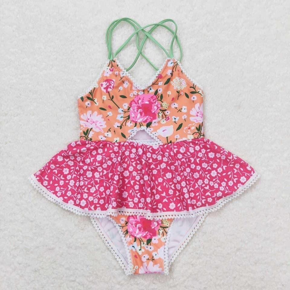Orange pink floral  1pc piece swim Suit - Girls