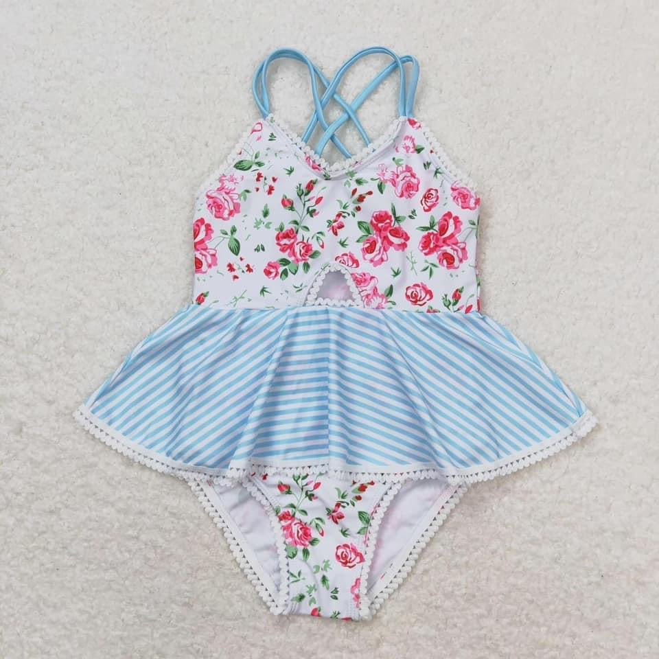 White roses and blue stripe  1pc piece swim Suit - Girls