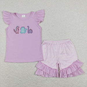 Purple dino embroidered Short Set- girl