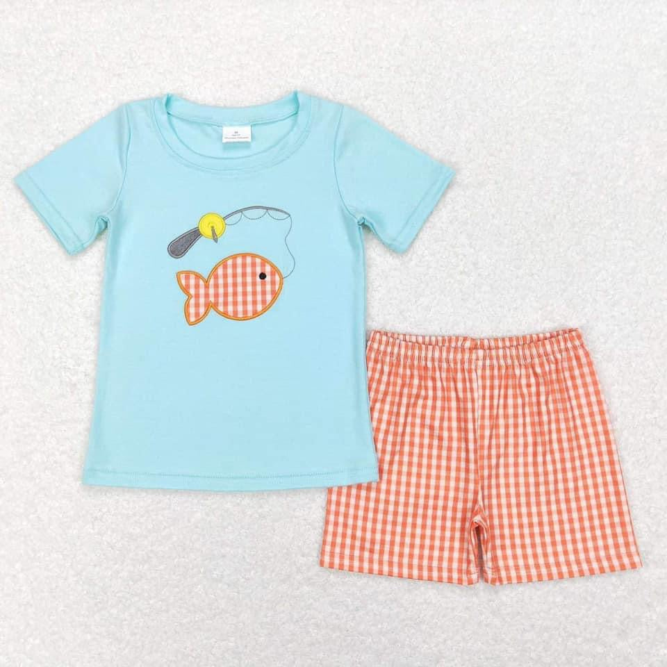 Big catch orange fish embroidered Short Set