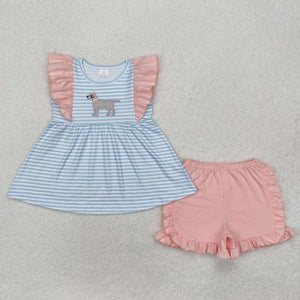 Sweet puppy stripe ruffle shorts set