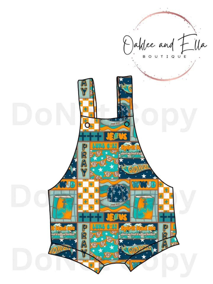 Blue WWJD patch- short -Hand Made Knotted Romper