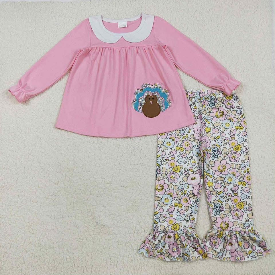 Pink floral turkey ruffle pant set