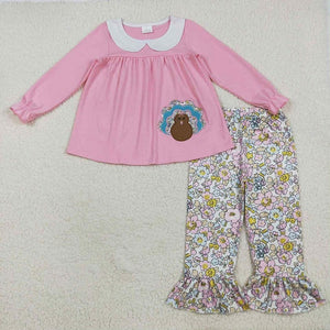 Pink floral turkey ruffle pant set