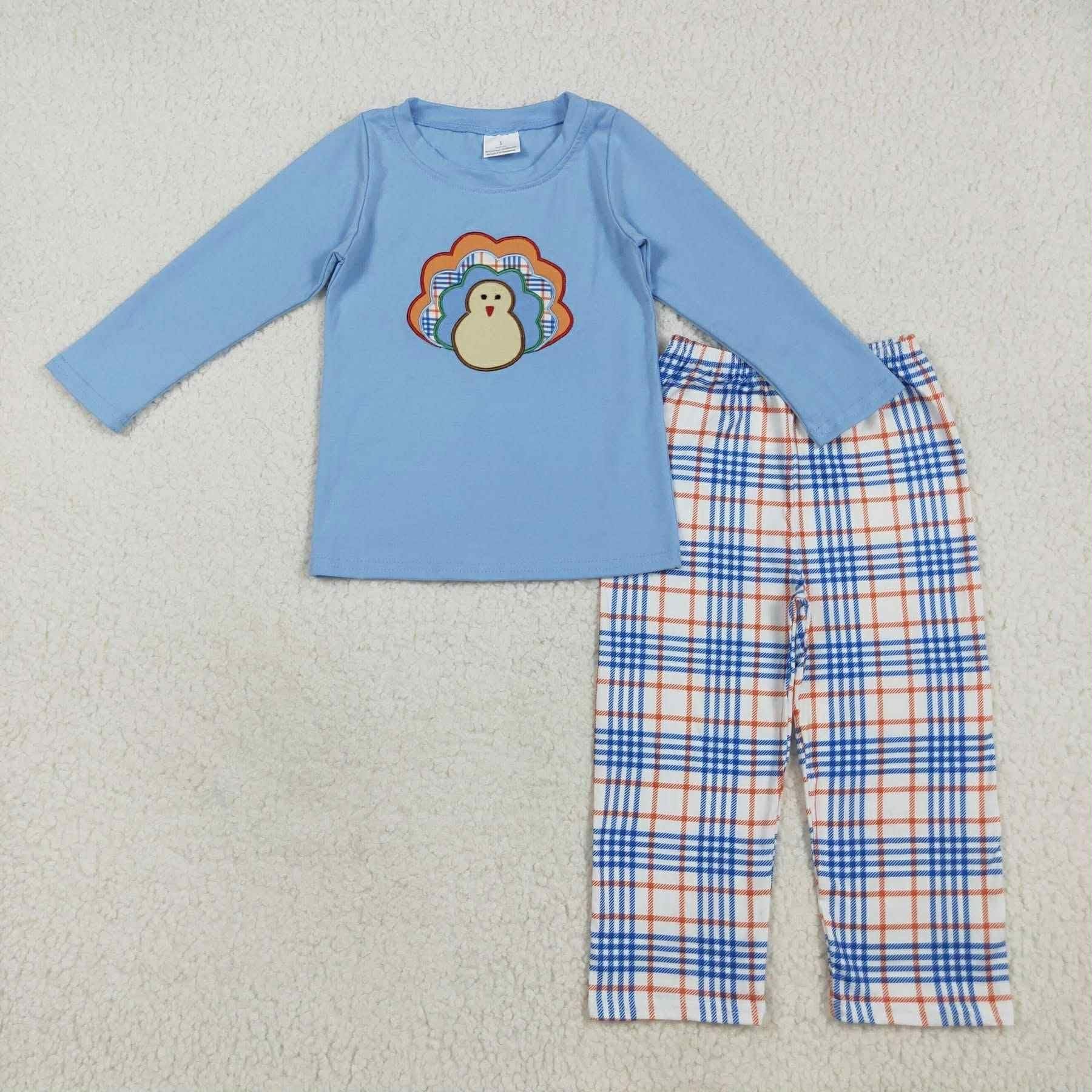 Blue turkey plaid pant set- boy
