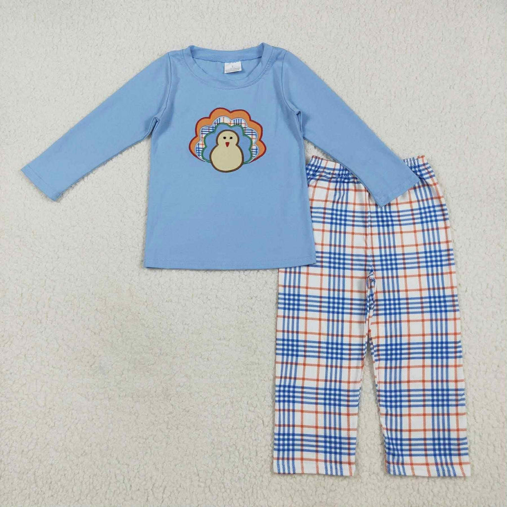Blue turkey plaid pant set- boy