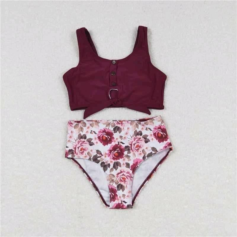 Maroon floral swim Suit - Girls