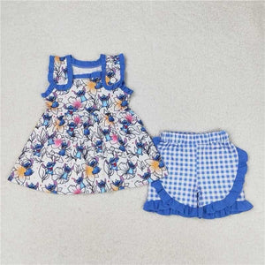 Blue alien floral and plaid short Set