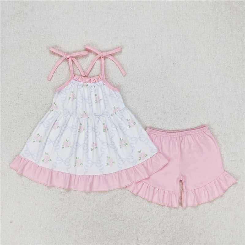 Pink croquettes/ bows floral short set