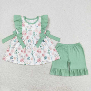 Mint green floral ruffle short set