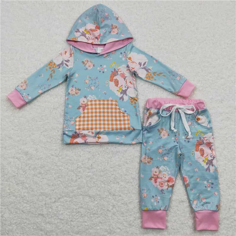 Blue Floral Gingham hooded set