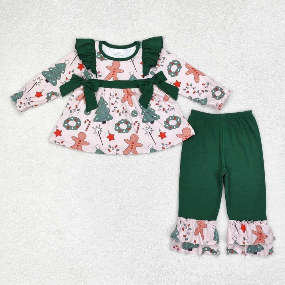 Green gingerbread christmas ruffle Pants set