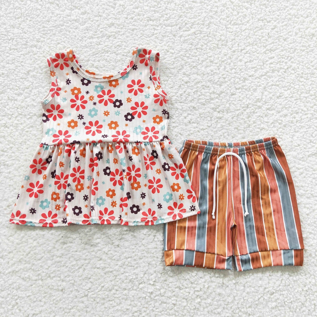 Retro Floral and stripe Short Set