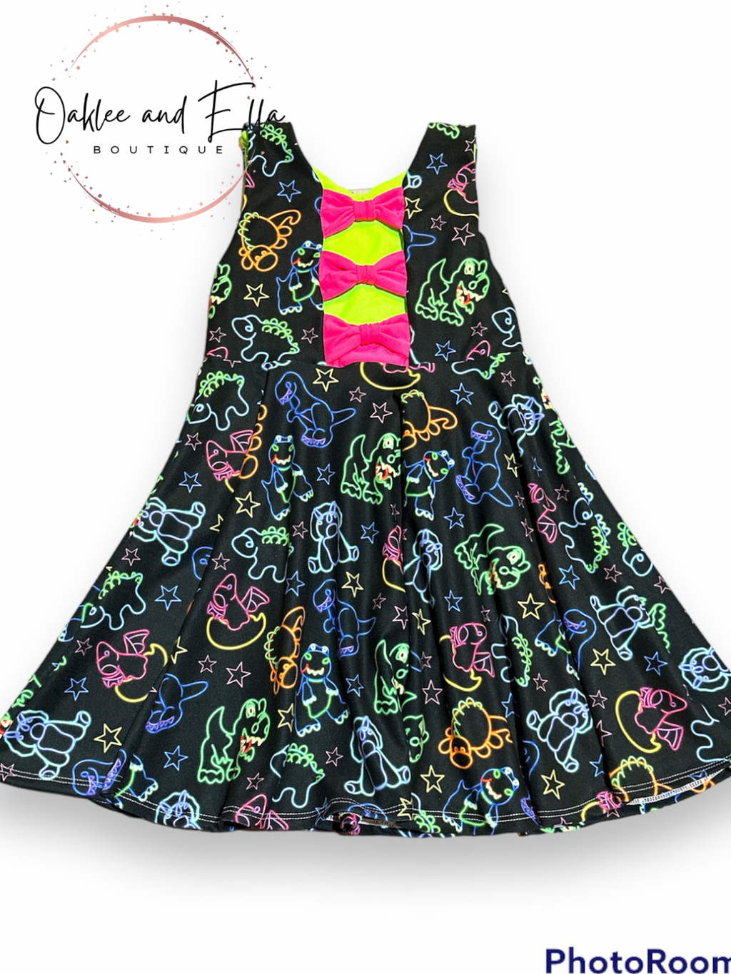 Neon Dino Handmade bow Back Dress