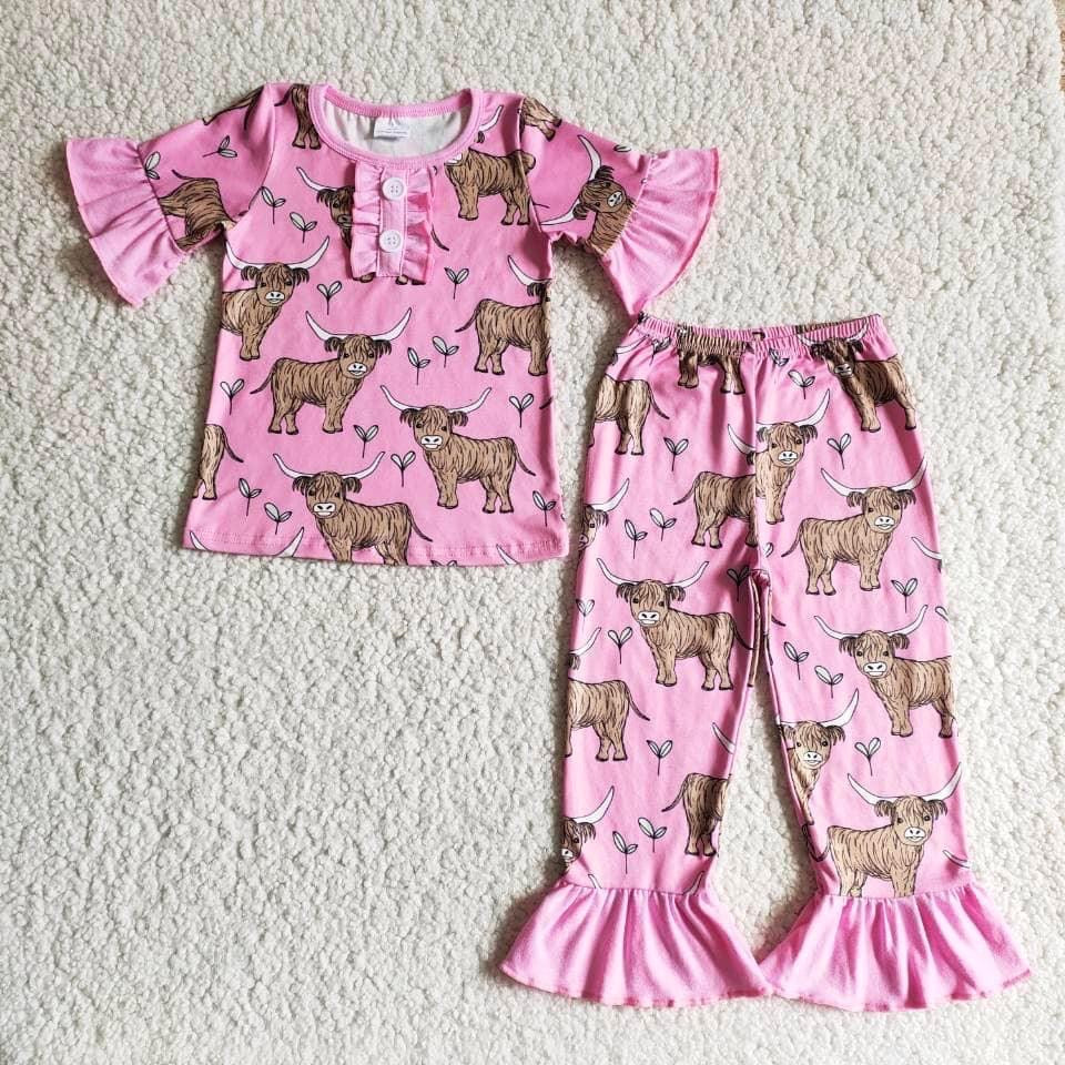 Cow pink highland ruffle Pajama set