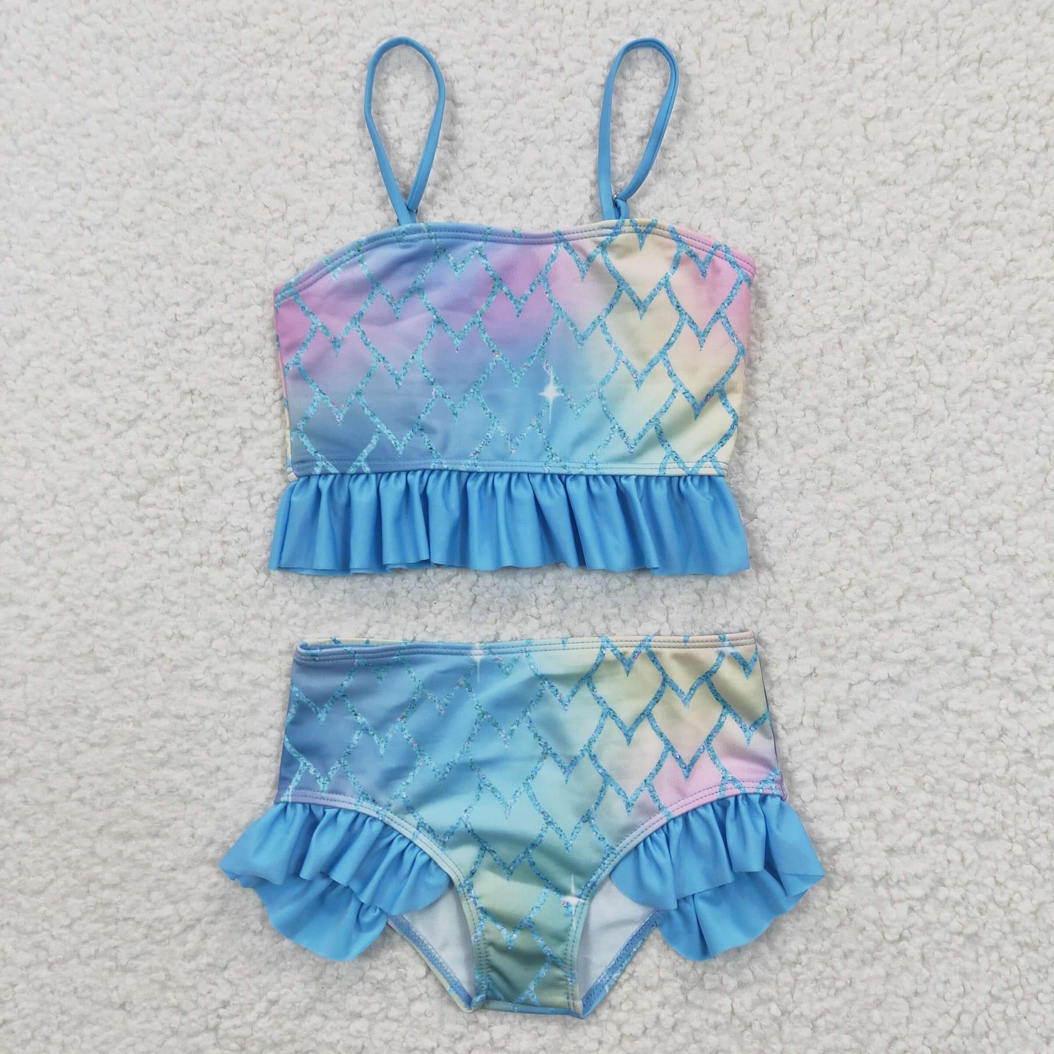 Blue heart mermaid scale swim Suit - Girls