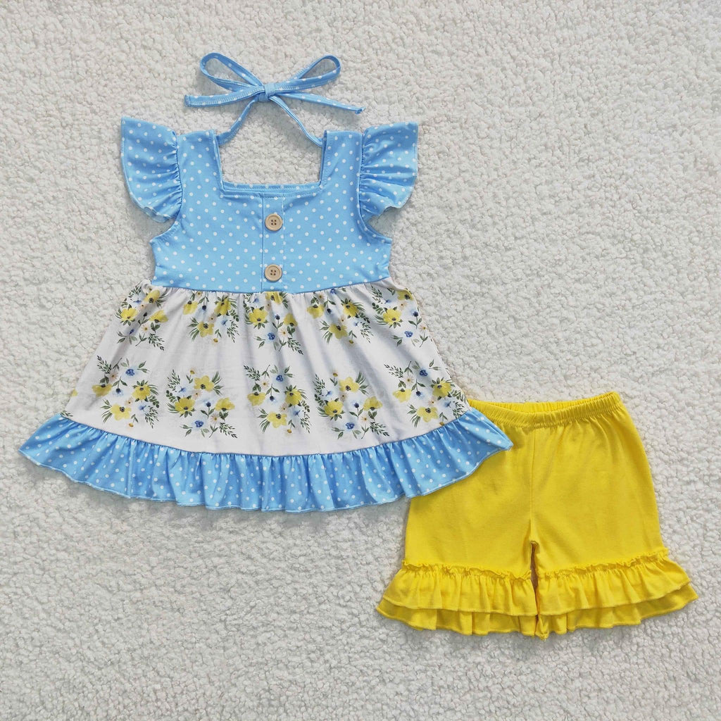 Blue and Yellow Floral Ruffle Short Set