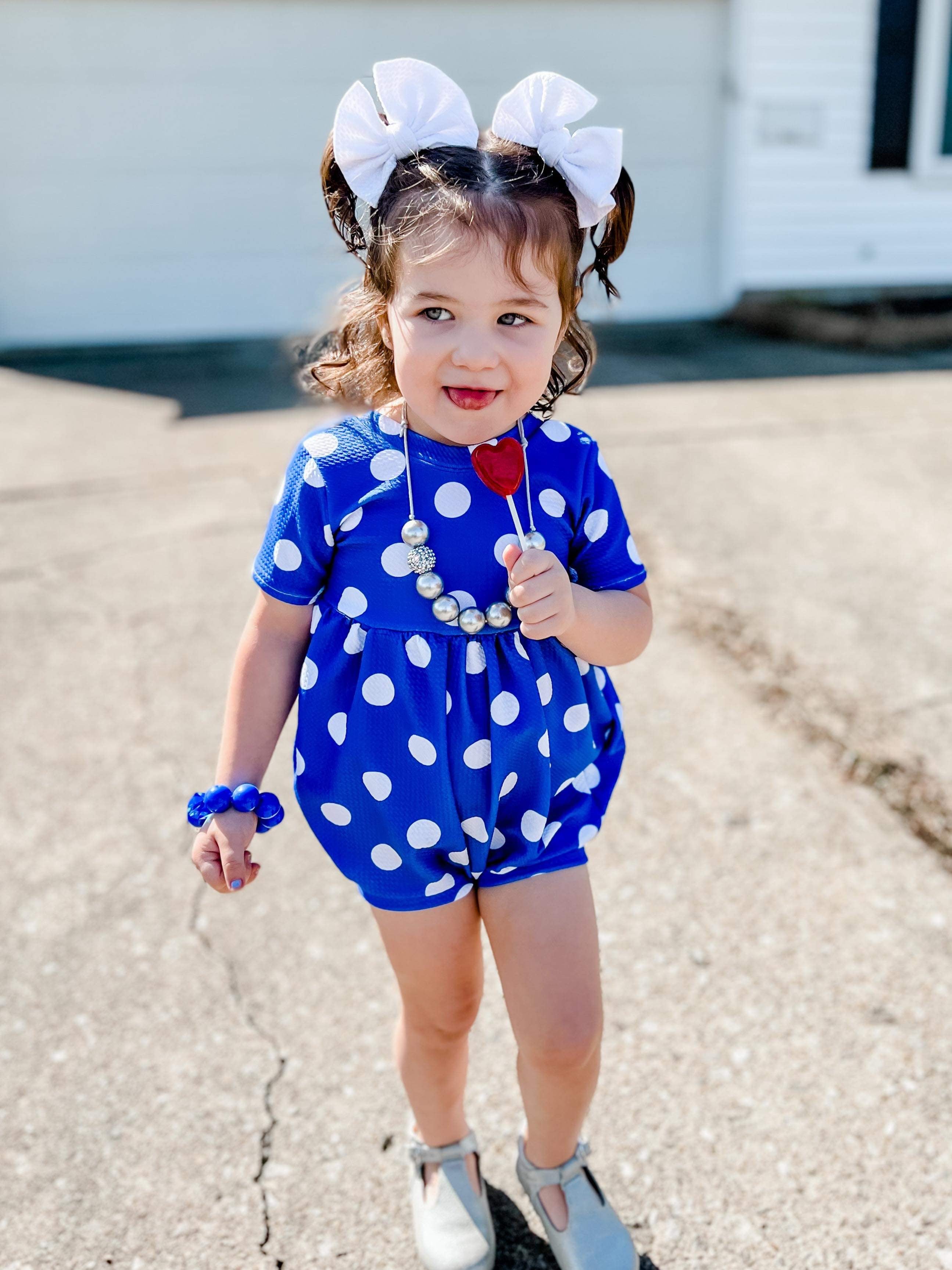 Blue dot magnolia Bubble Romper - Handmade