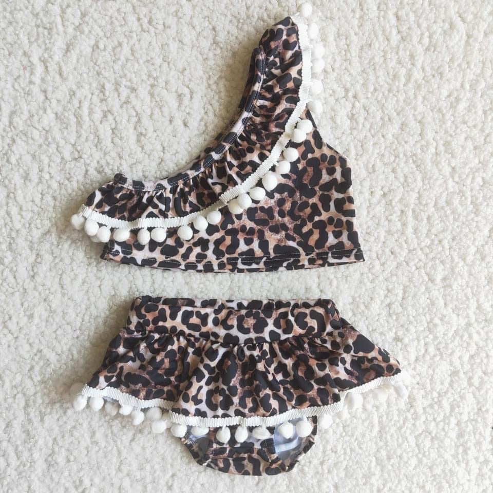 2pc Bikini Leopard Pom Swim Suit - Girls