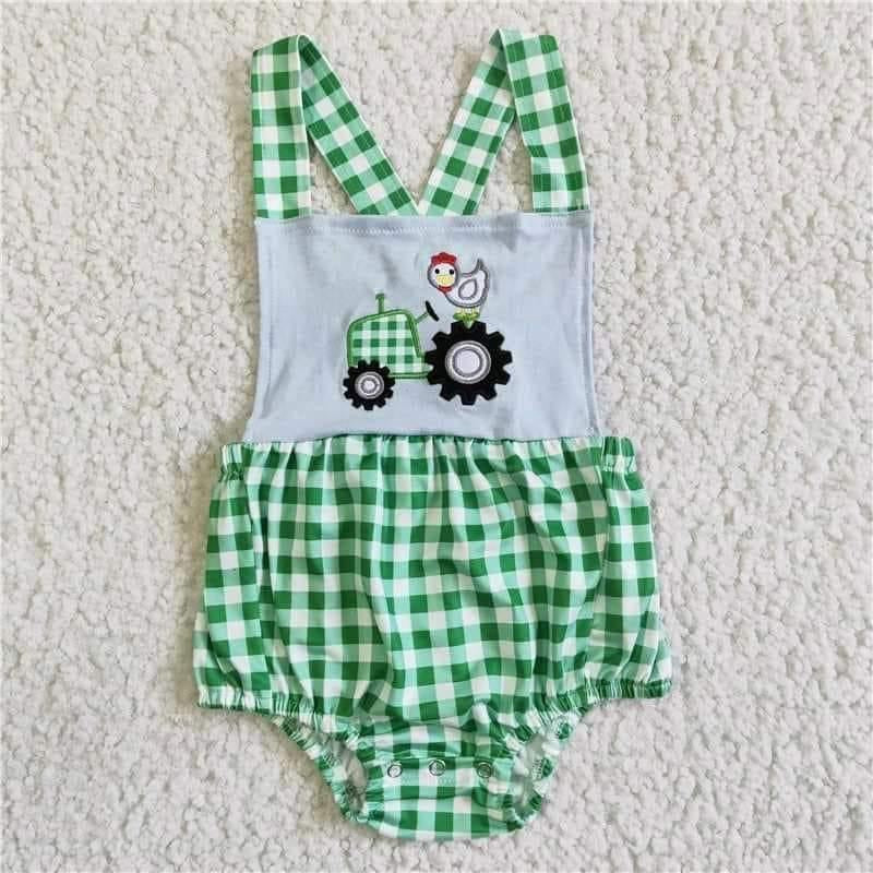 Green plaid Tractor romper