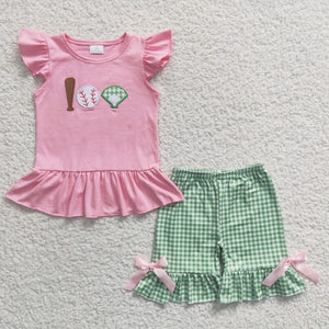 Green Gingham Baseball short set