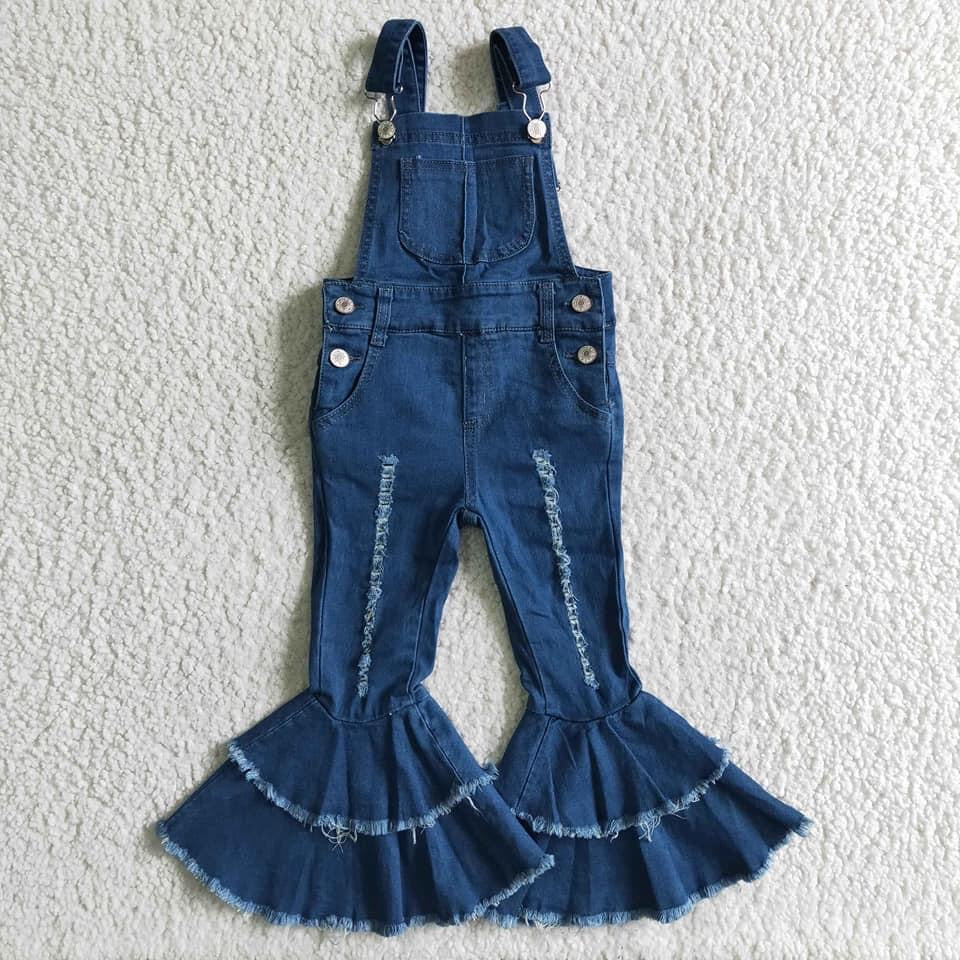 Over all Distressed Ruffle Blue Jeans!- pants Only
