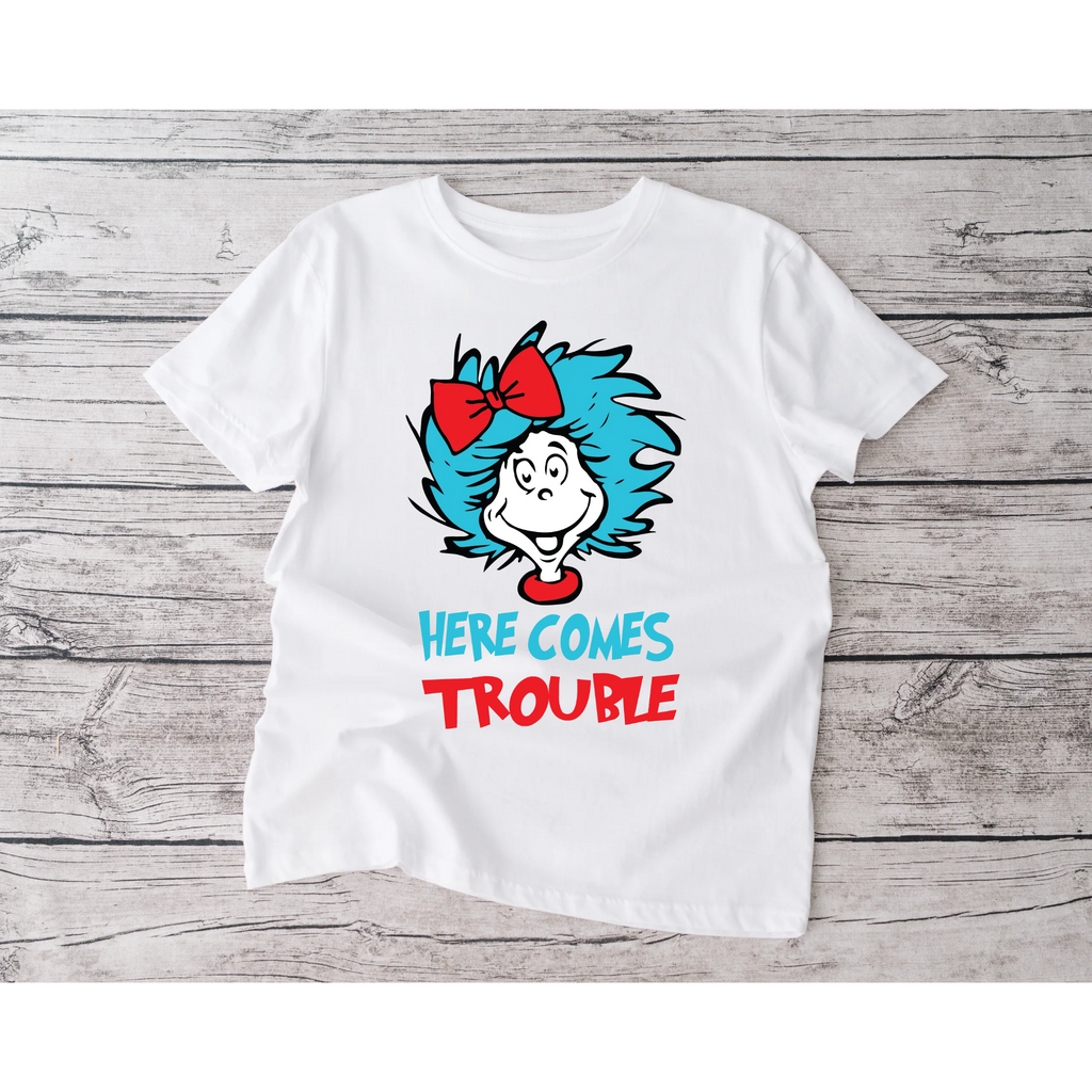 Kids white Here comes Trouble tshirts